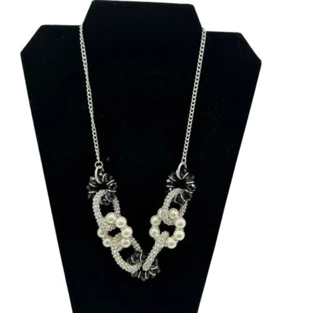 New York & Company Silver Tone Faux Pearl Black Beaded Bib‎ Statement Necklace